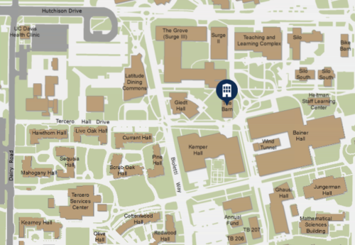Campus map highlighting location of the Barn