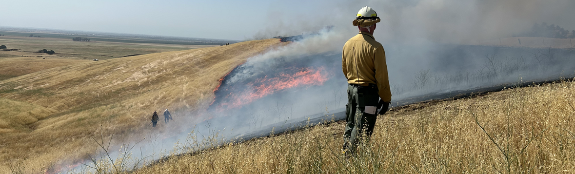 A prescribed burn takes place in dry fields across rolling hills