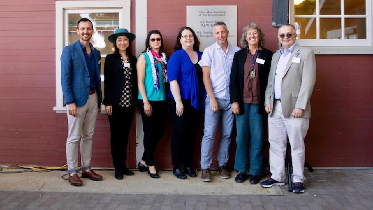 Ben Houlton, director of the Muir Institute, left, and the 2019 Muir Institute Fellows: Ayako Yasuda, Tessa Hill, Laura S. Van Winkle, Mark Lubell, Kate Scow and Majdi Abou Najm. Not pictured: Carson Jeffres. (Lisa Howard/UC Davis) Fellows