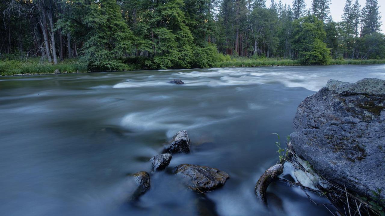 A rushing upper Klamath River is seen with conifer trees in the background.