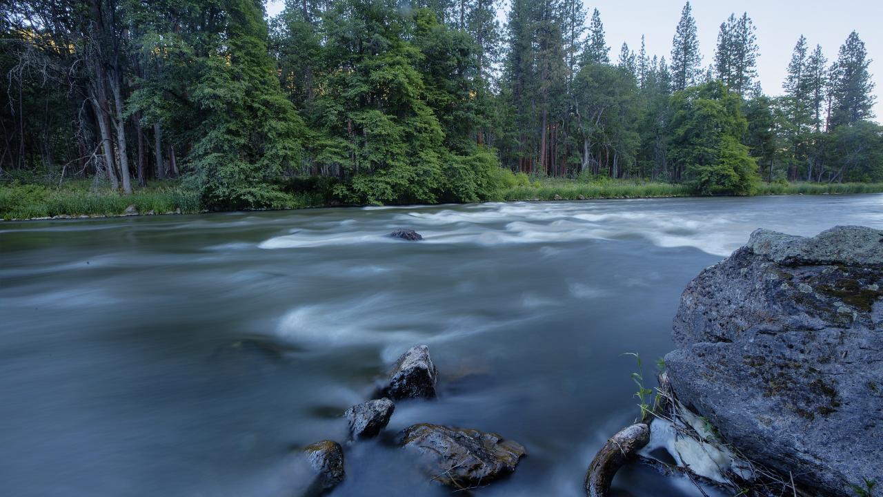 A rushing upper Klamath River is seen with conifer trees in the background.