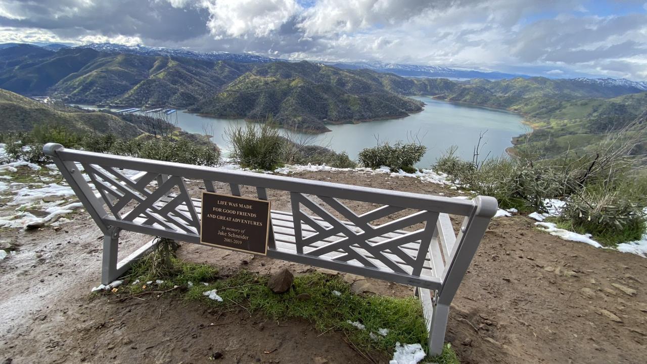 A bench dedicated to Dixon teenager Jacob Schneider allows visitors to soak in a view of Lake Berryessa at Stebbins Cold Canyon Reserve.