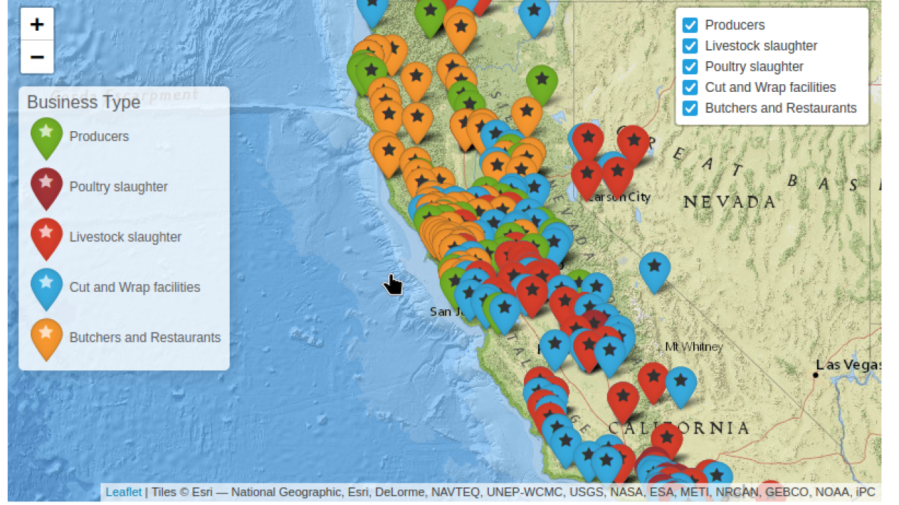 A map showing the location of regenerative meat business in Northern California.