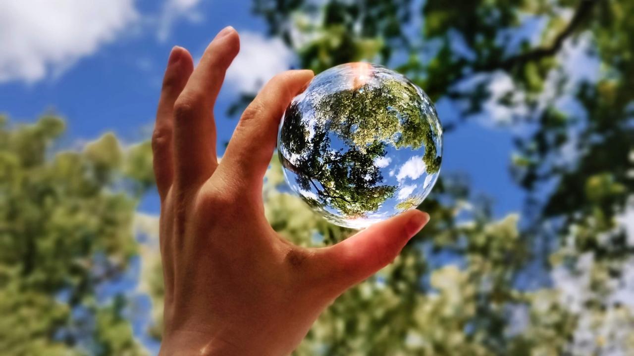 Hand holding up a glass sphere in the woods